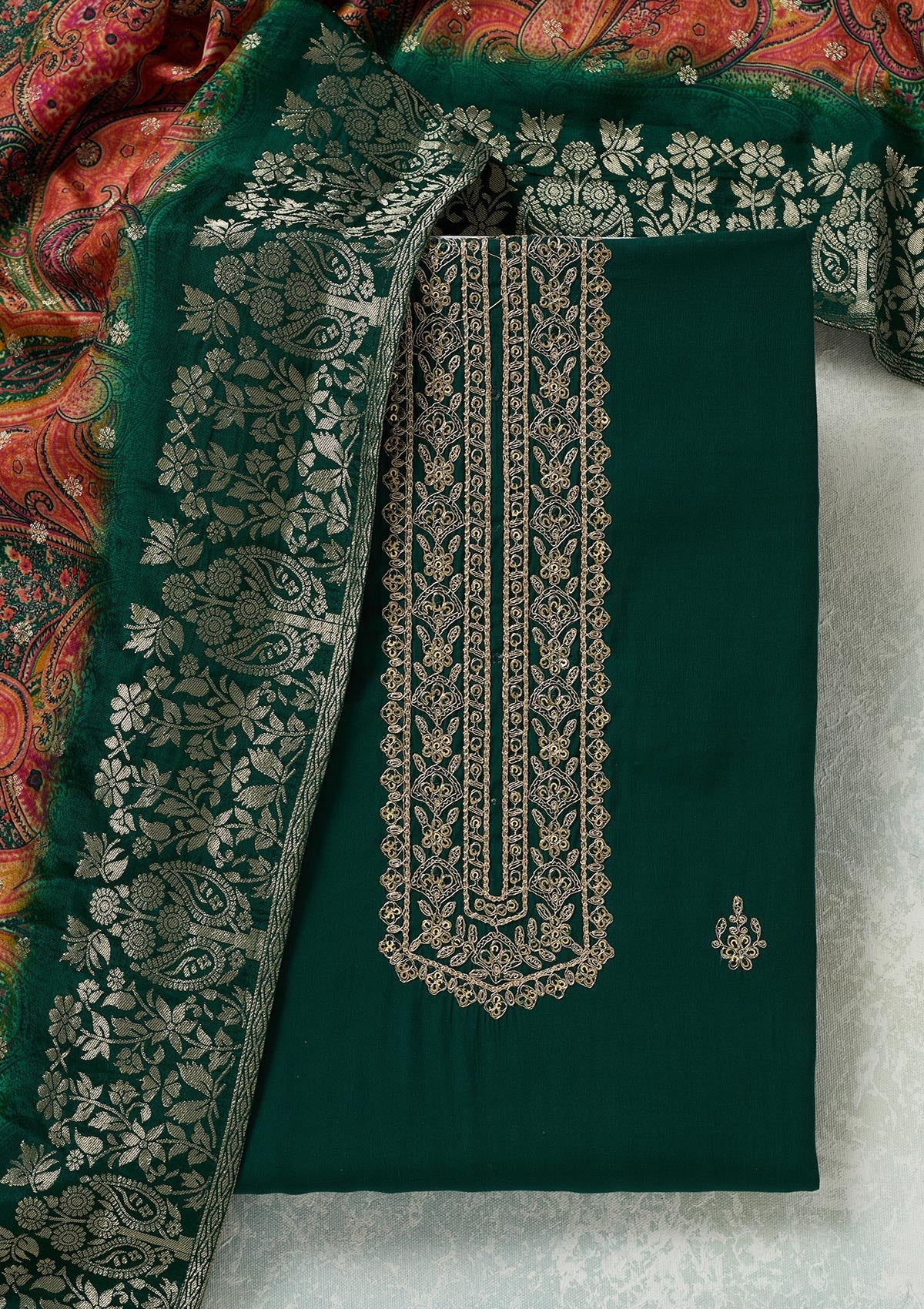Bottle Green Threadwork Dola Silk Unstitched Salwar Suit