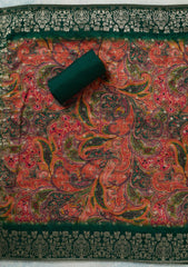 Bottle Green Threadwork Dola Silk Unstitched Salwar Suit