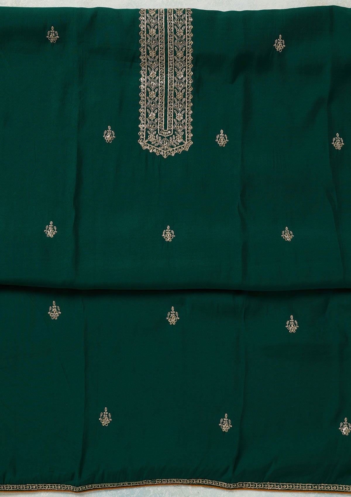 Bottle Green Threadwork Dola Silk Unstitched Salwar Suit