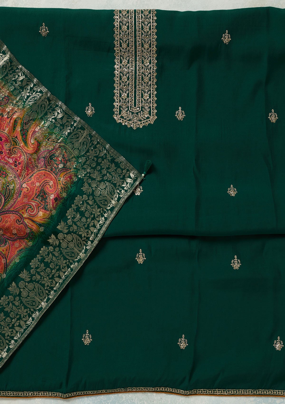 Bottle Green Threadwork Dola Silk Unstitched Salwar Suit