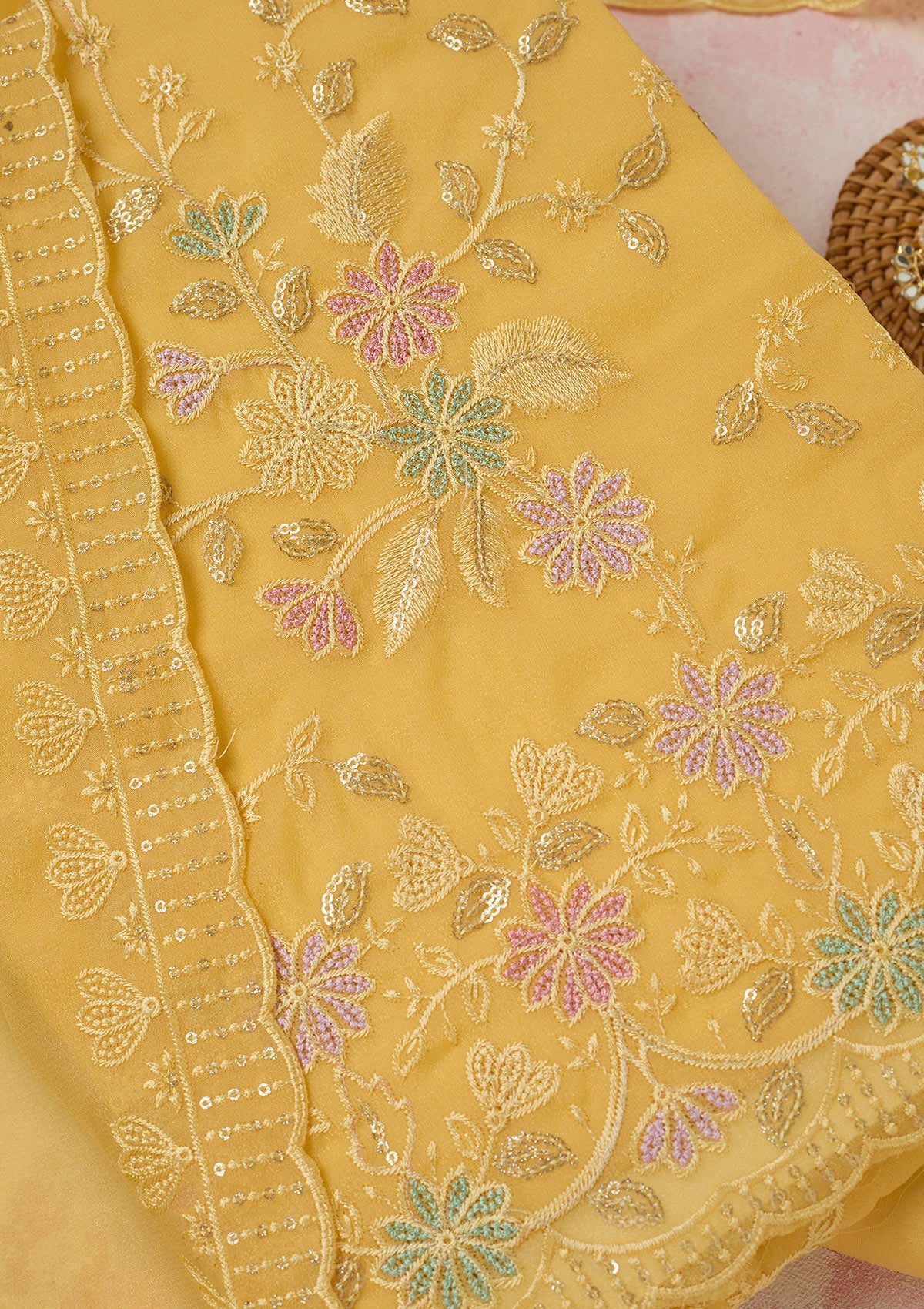 Yellow Thread Embroidery Semi Crepe Unstitched Salwar Suit