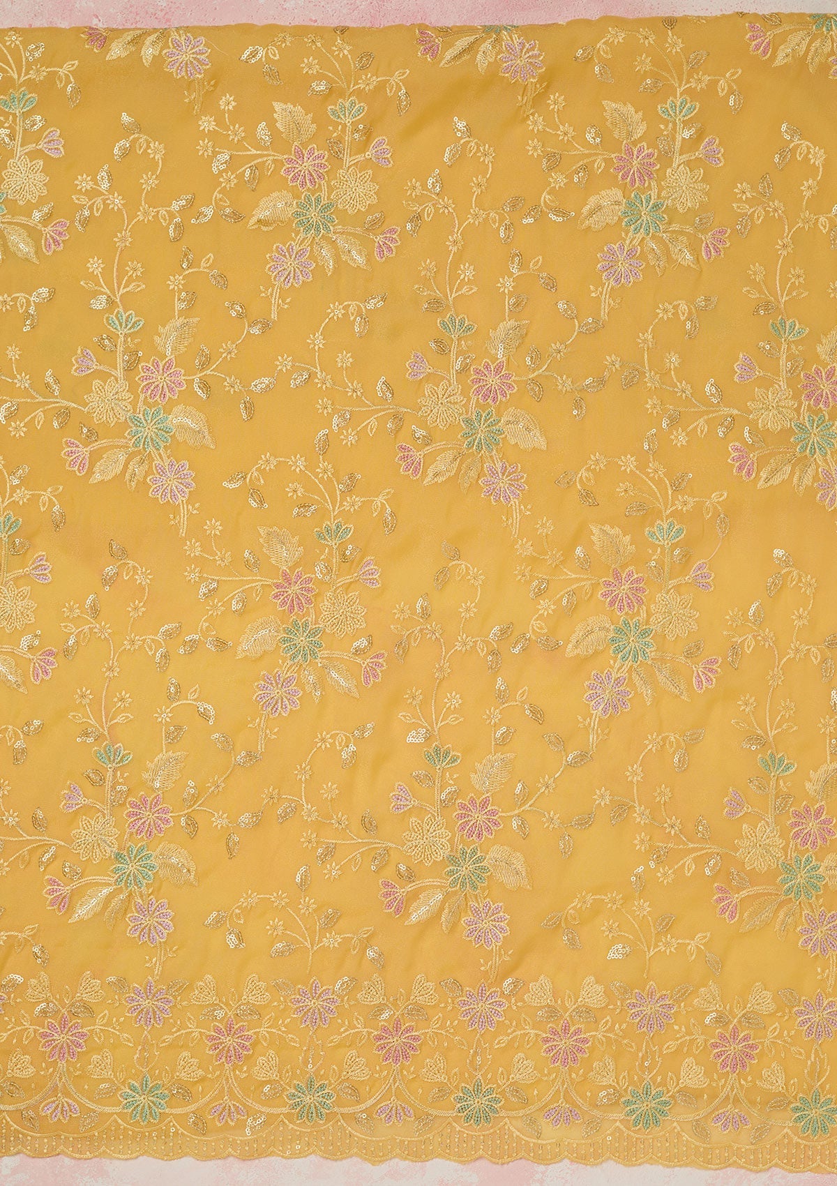 Yellow Thread Embroidery Semi Crepe Unstitched Salwar Suit