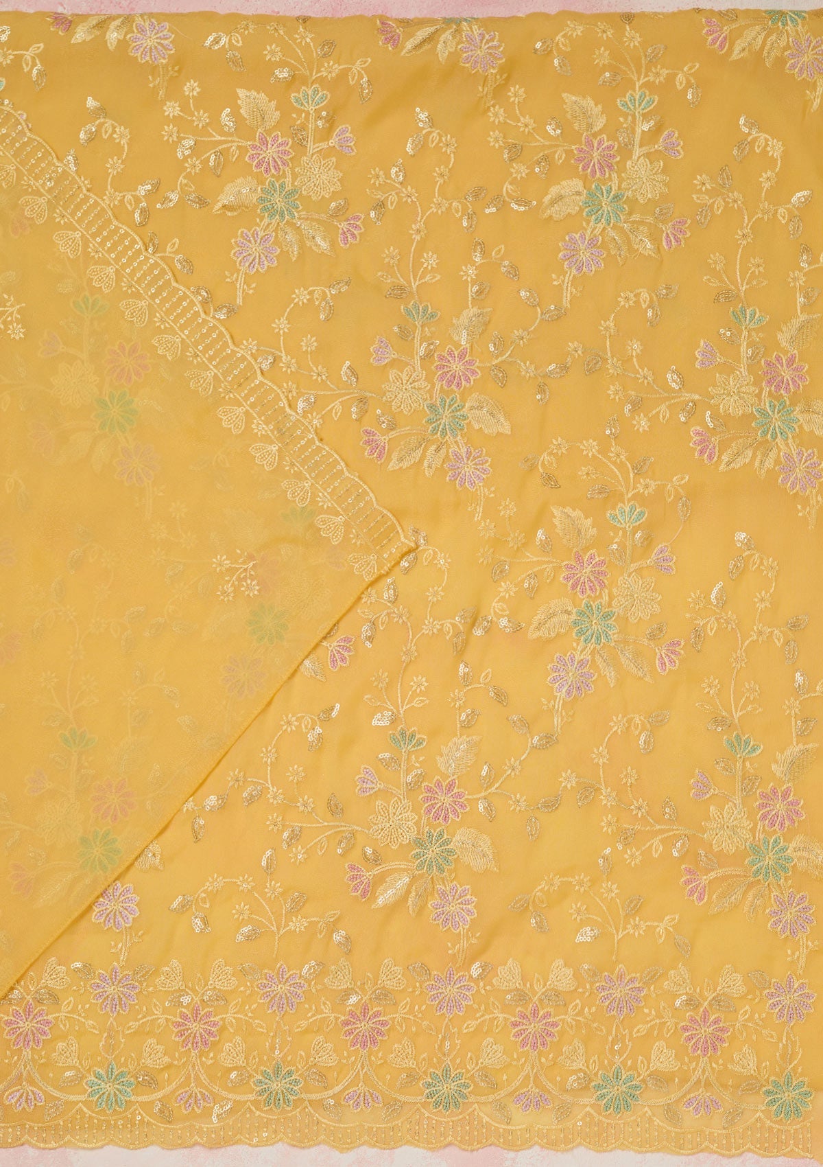 Yellow Thread Embroidery Semi Crepe Unstitched Salwar Suit