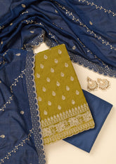 Parrot Green Zariwork Soft Raw Silk Unstitched Salwar Suit