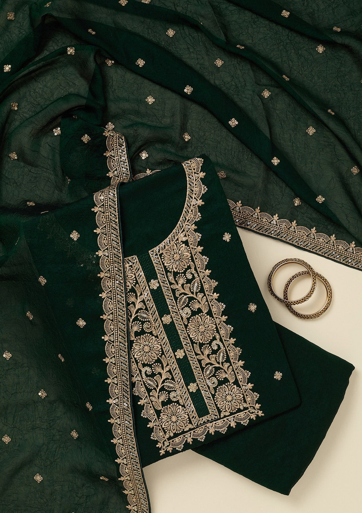 Bottle Green Threadwork Georgette Unstitched Salwar Suit