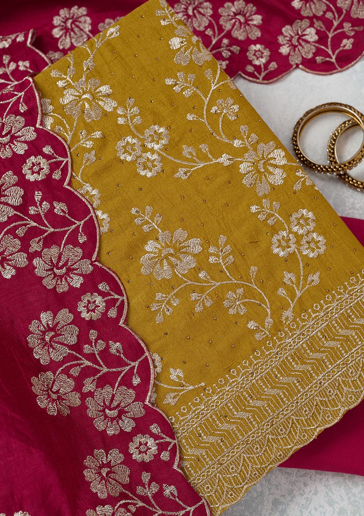 Mustard Zariwork (Gold) Soft Raw Silk Unstitched Salwar Suit