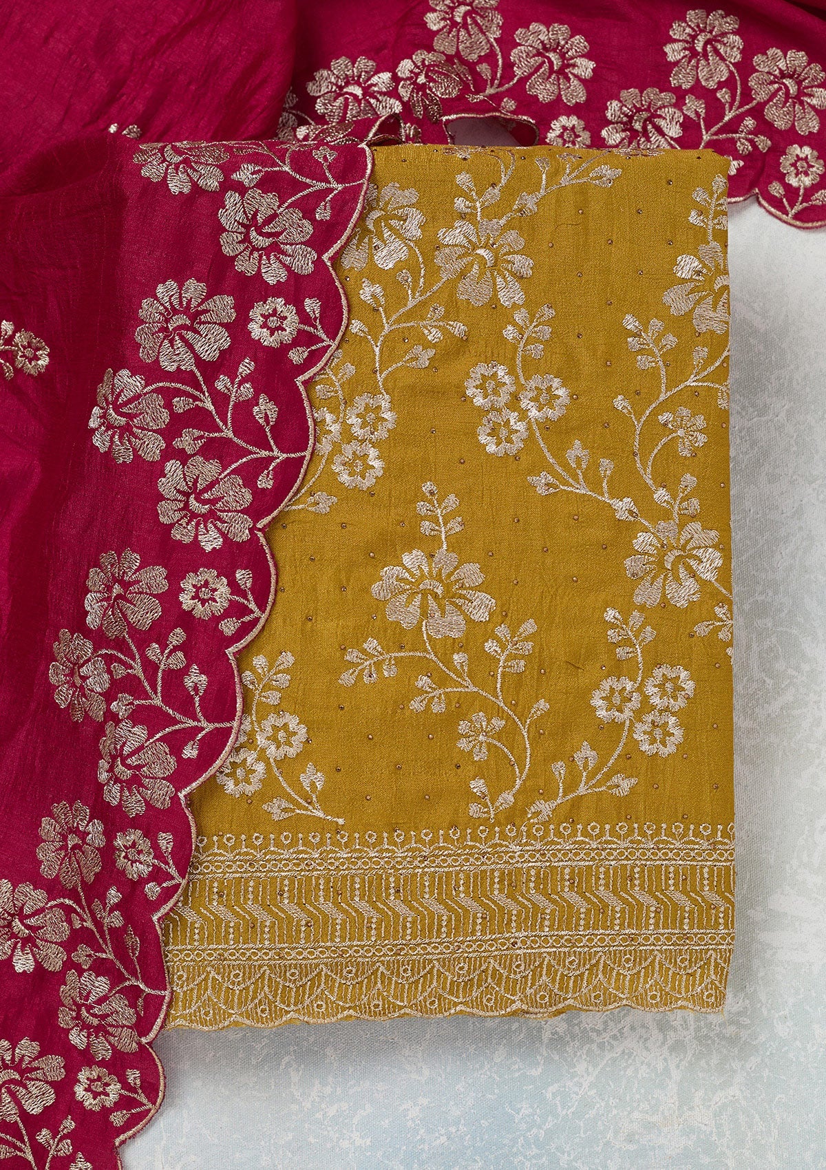 Mustard Zariwork (Gold) Soft Raw Silk Unstitched Salwar Suit