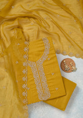 Yellow Zariwork (Gold) Semi Crepe Unstitched Salwar Suit