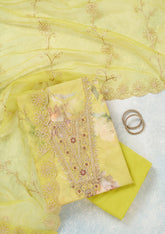 Parrot Green Zariwork (Gold) Organza Unstitched Salwar Suit