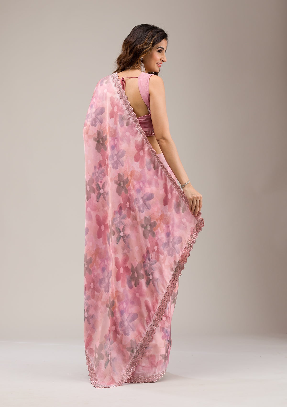 Baby Pink Stonework Satin Saree