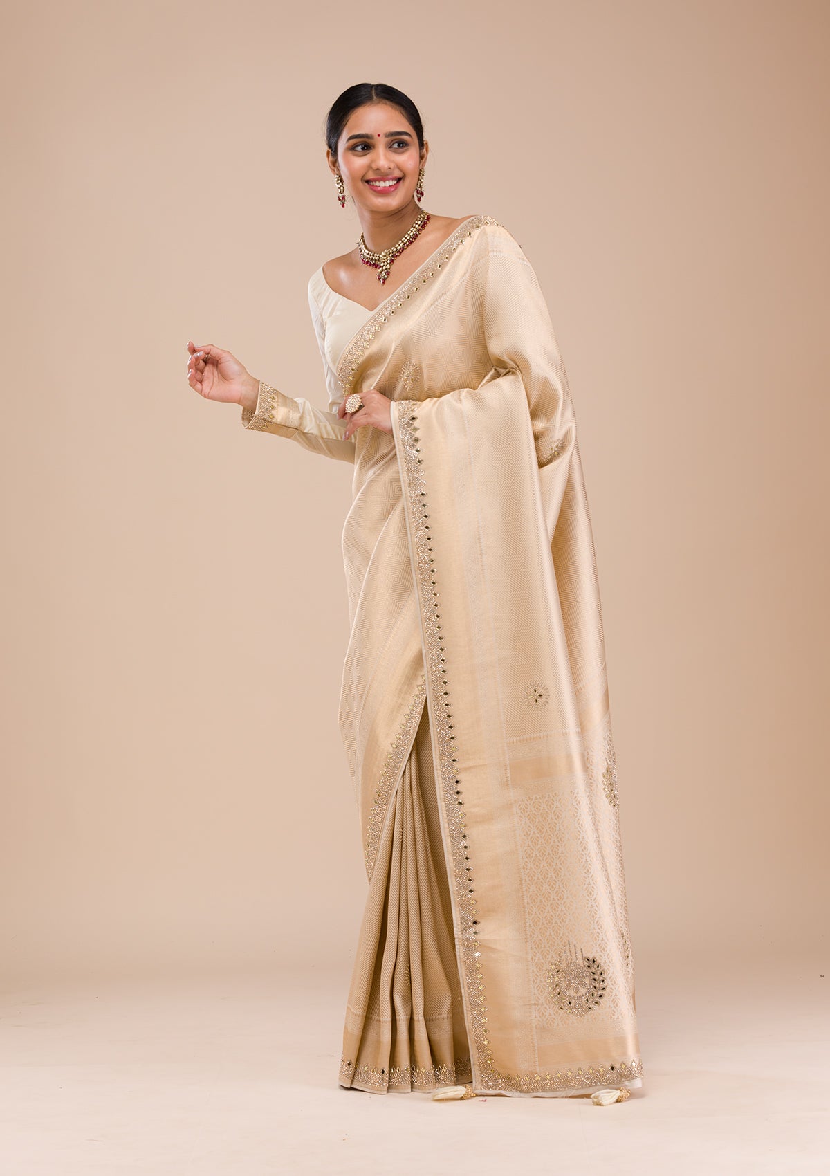 Beige Mirrorwork Silk Saree