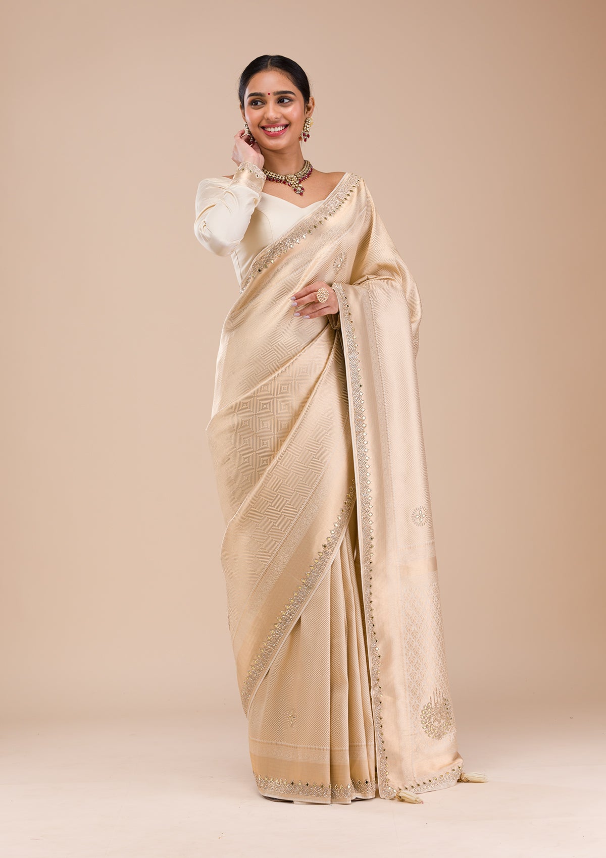 Beige Mirrorwork Silk Saree