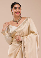 Beige Mirrorwork Silk Saree