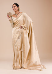 Beige Mirrorwork Silk Saree