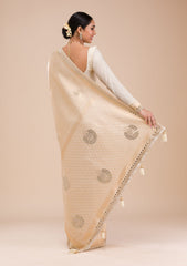 Beige Mirrorwork Silk Saree