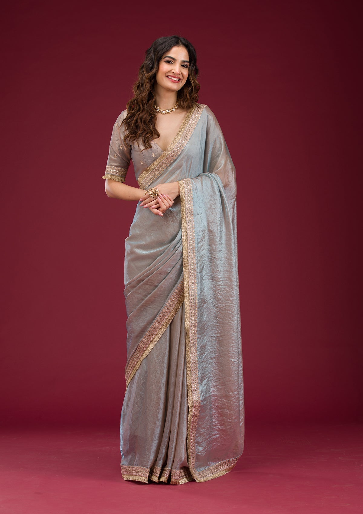 Sky Blue Threadwork Tissue Saree