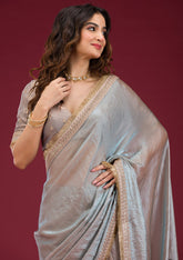Sky Blue Threadwork Tissue Saree