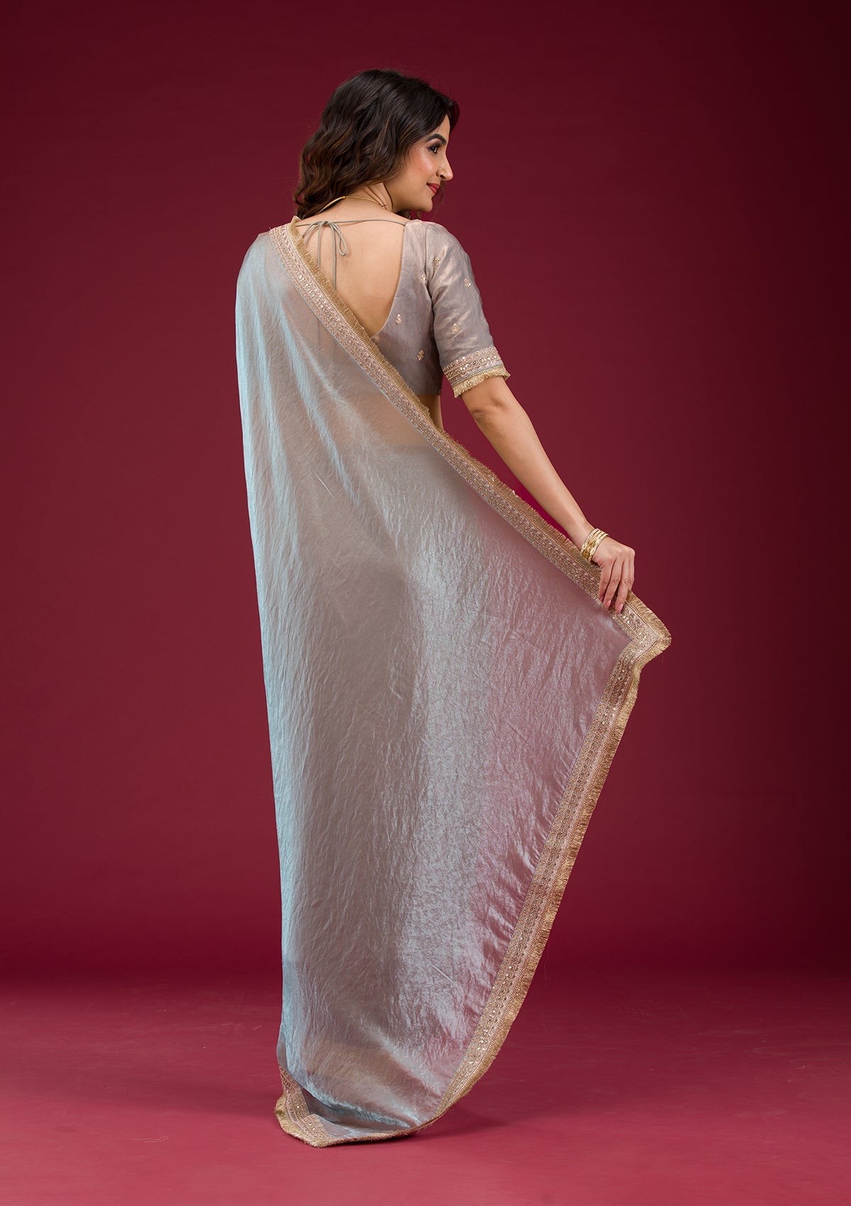 Sky Blue Threadwork Tissue Saree