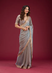 Sky Blue Threadwork Tissue Saree