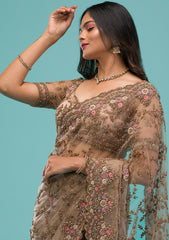 Beige Zariwork Net Saree