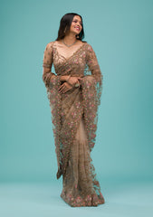 Beige Zariwork Net Saree