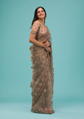 Beige Zariwork Net Saree