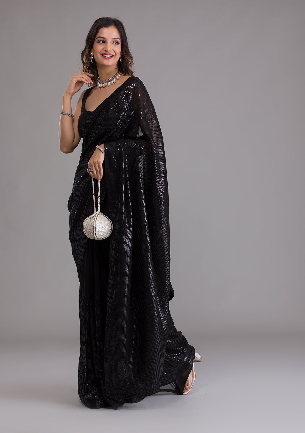 Black Sequins Georgette Designer Saree