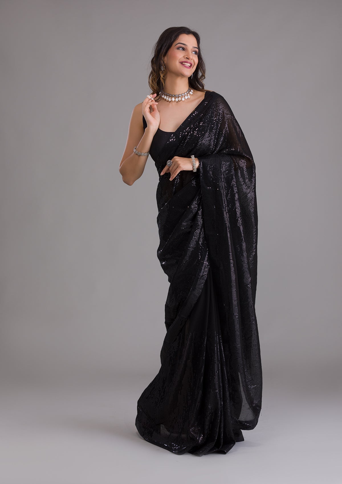 Black Sequins Georgette Designer Saree