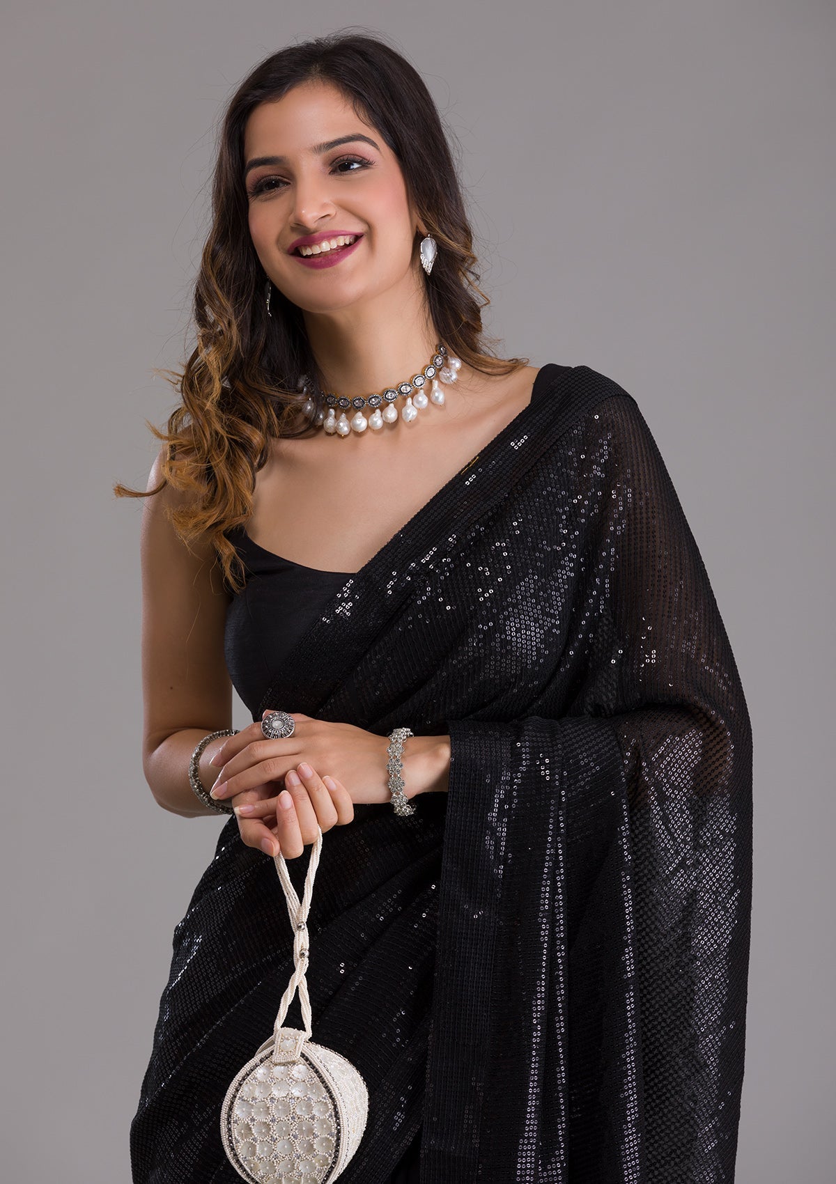Black Sequins Georgette Designer Saree