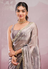 Grey Mirrorwork Tissue Saree