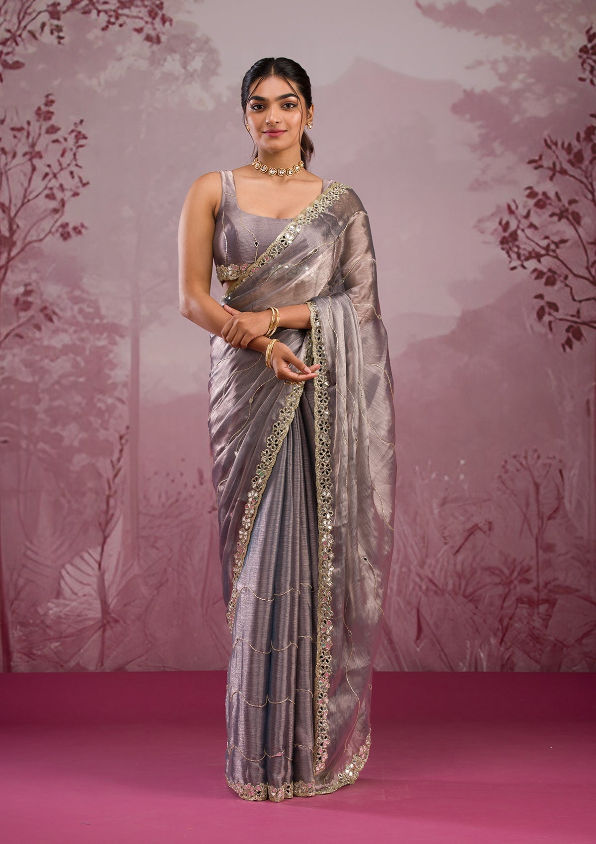 Grey Mirrorwork Tissue Saree