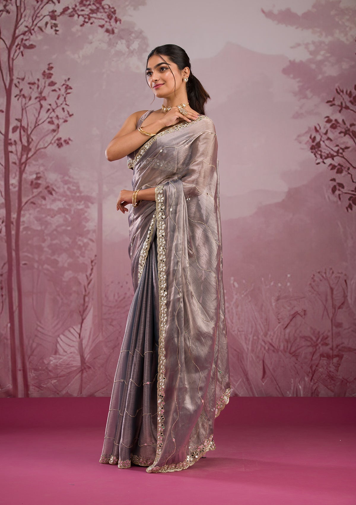 Grey Mirrorwork Tissue Saree