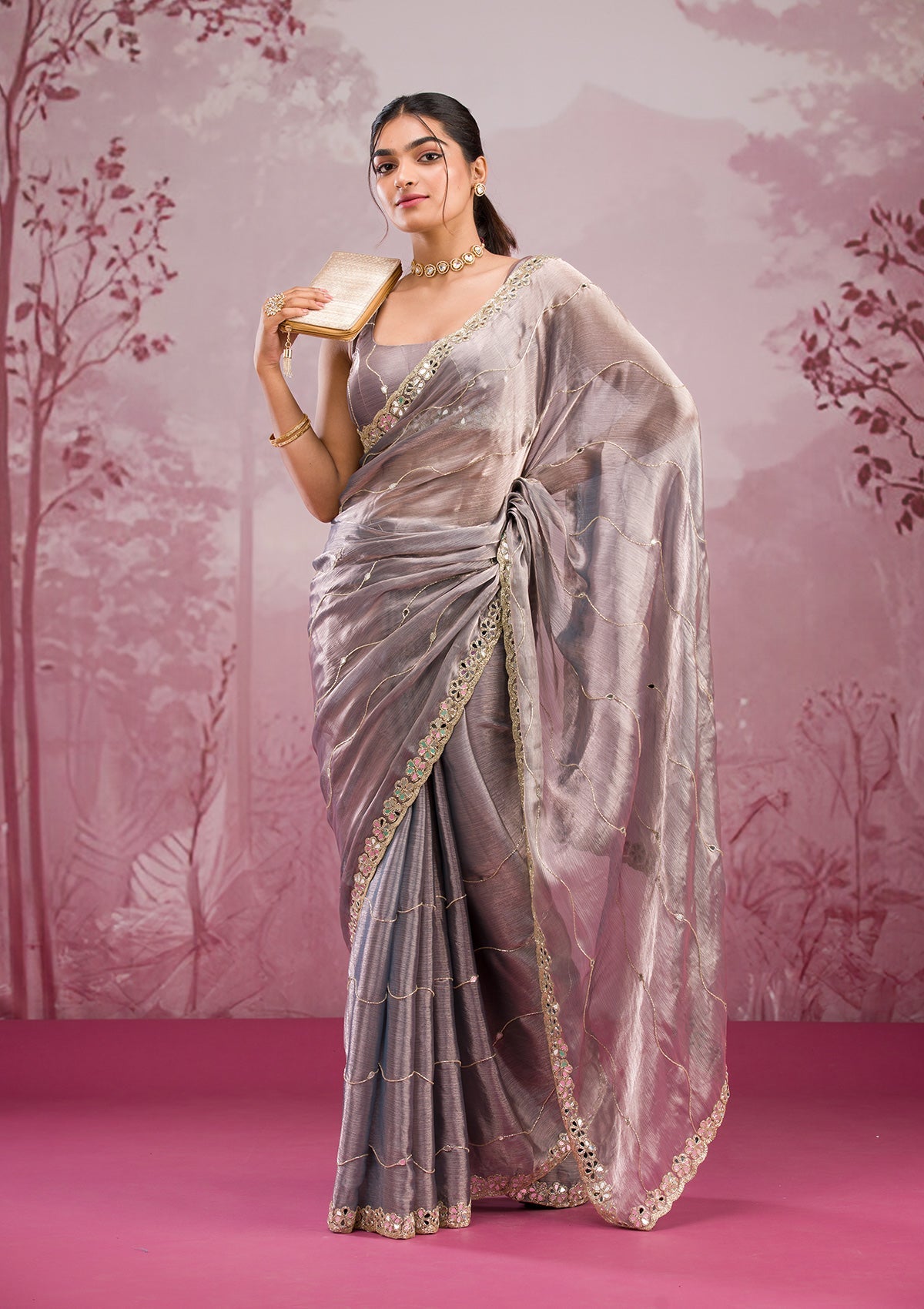 Grey Mirrorwork Tissue Saree