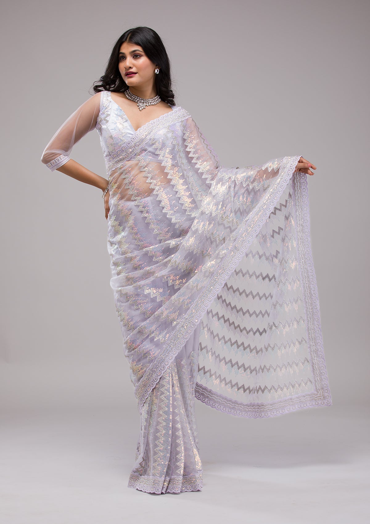 Lavender Sequins Net Saree