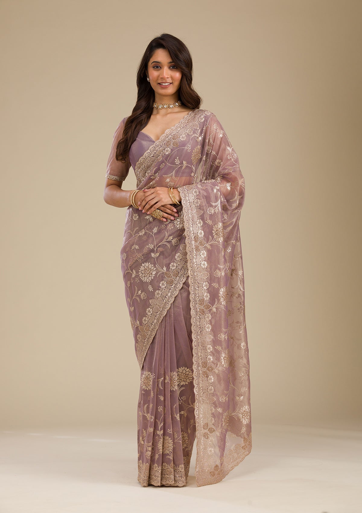Light Brown Zariwork Tissue Saree
