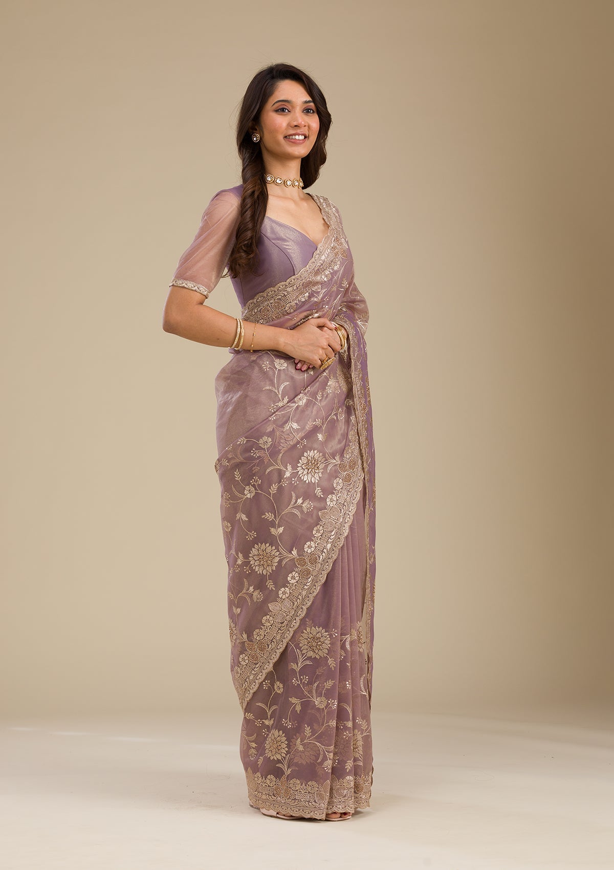 Light Brown Zariwork Tissue Saree