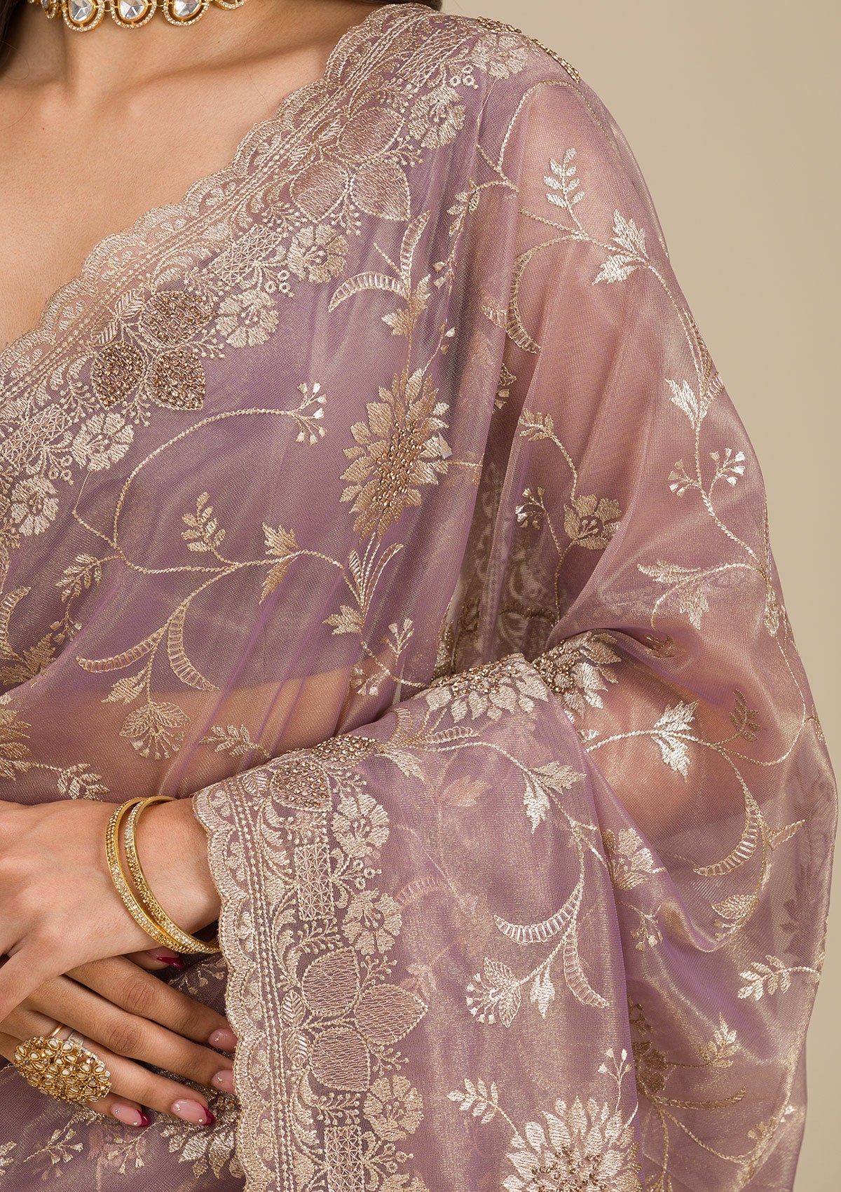 Light Brown Zariwork Tissue Saree