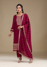 Maroon Zariwork Art Silk Readymade Salwar Suit
