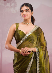 Mehendi Mirrorwork Tissue Saree
