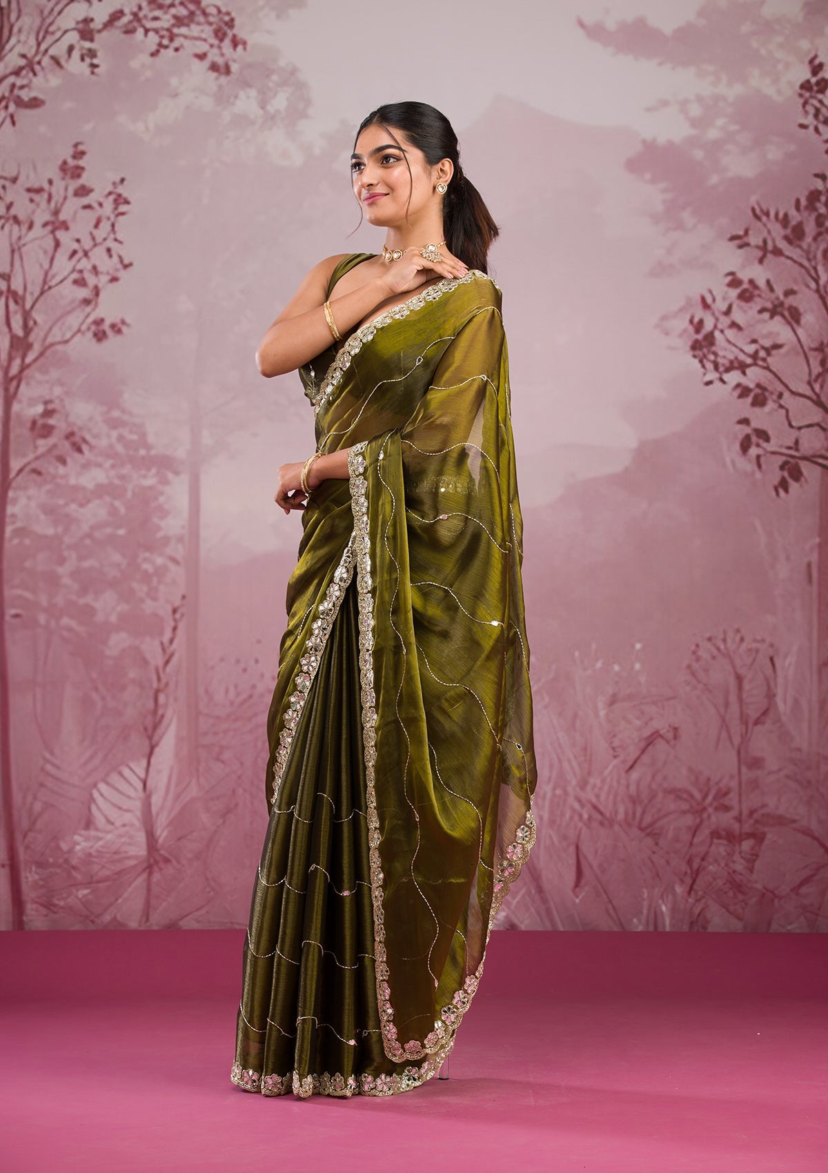 Mehendi Mirrorwork Tissue Saree