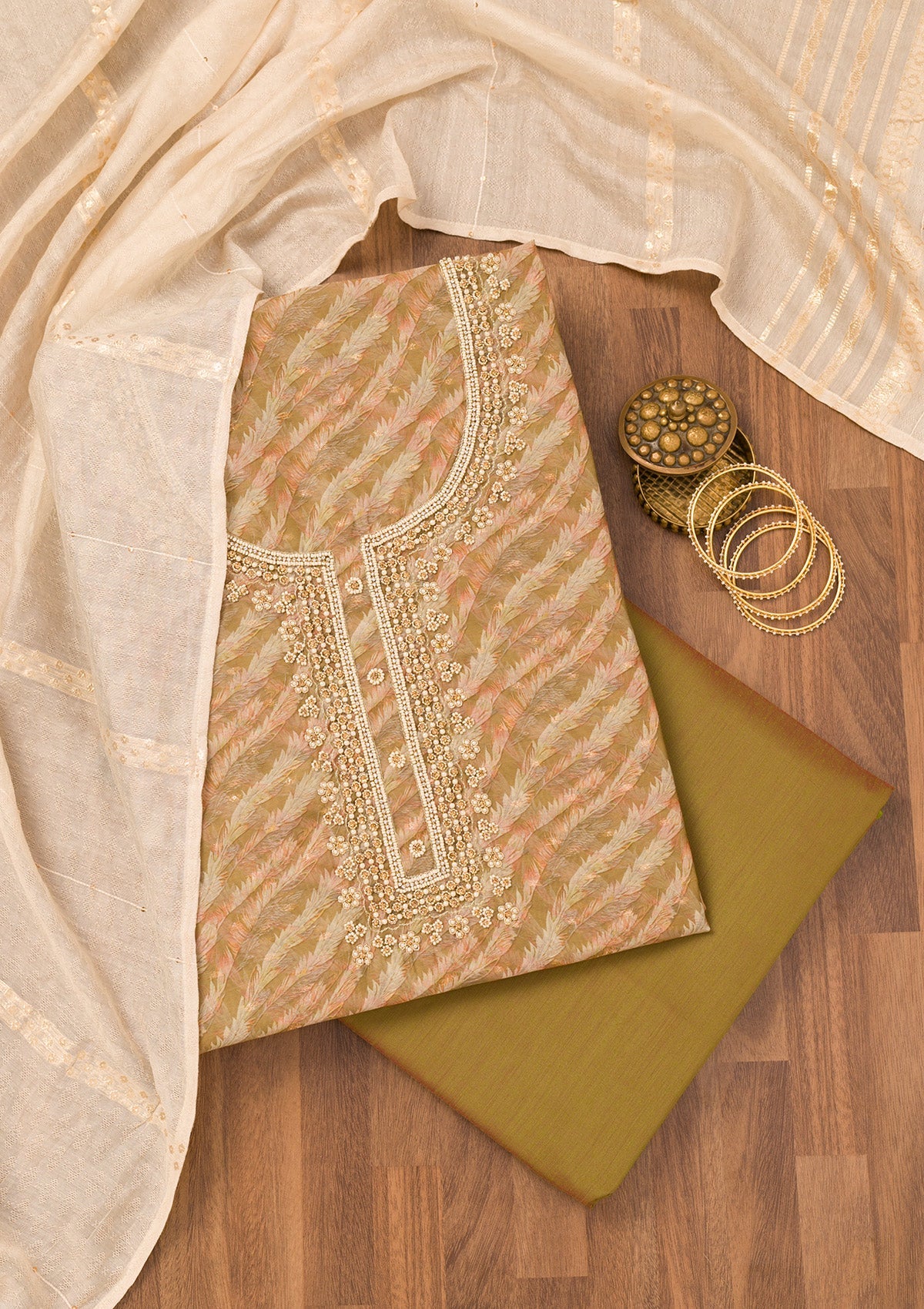 Mehendi Printed Organza Unstitched Salwar Suit