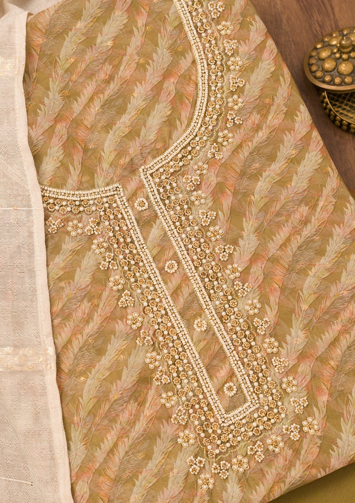 Mehendi Printed Organza Unstitched Salwar Suit