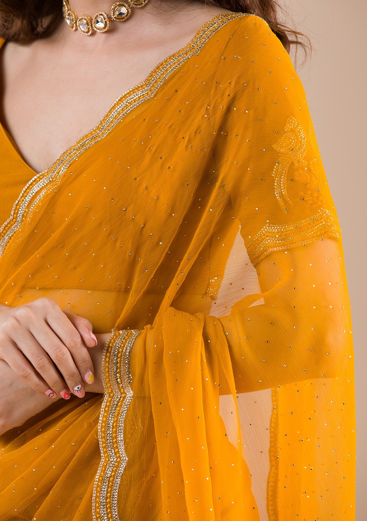 Mustard Stonework Chiffon Saree
