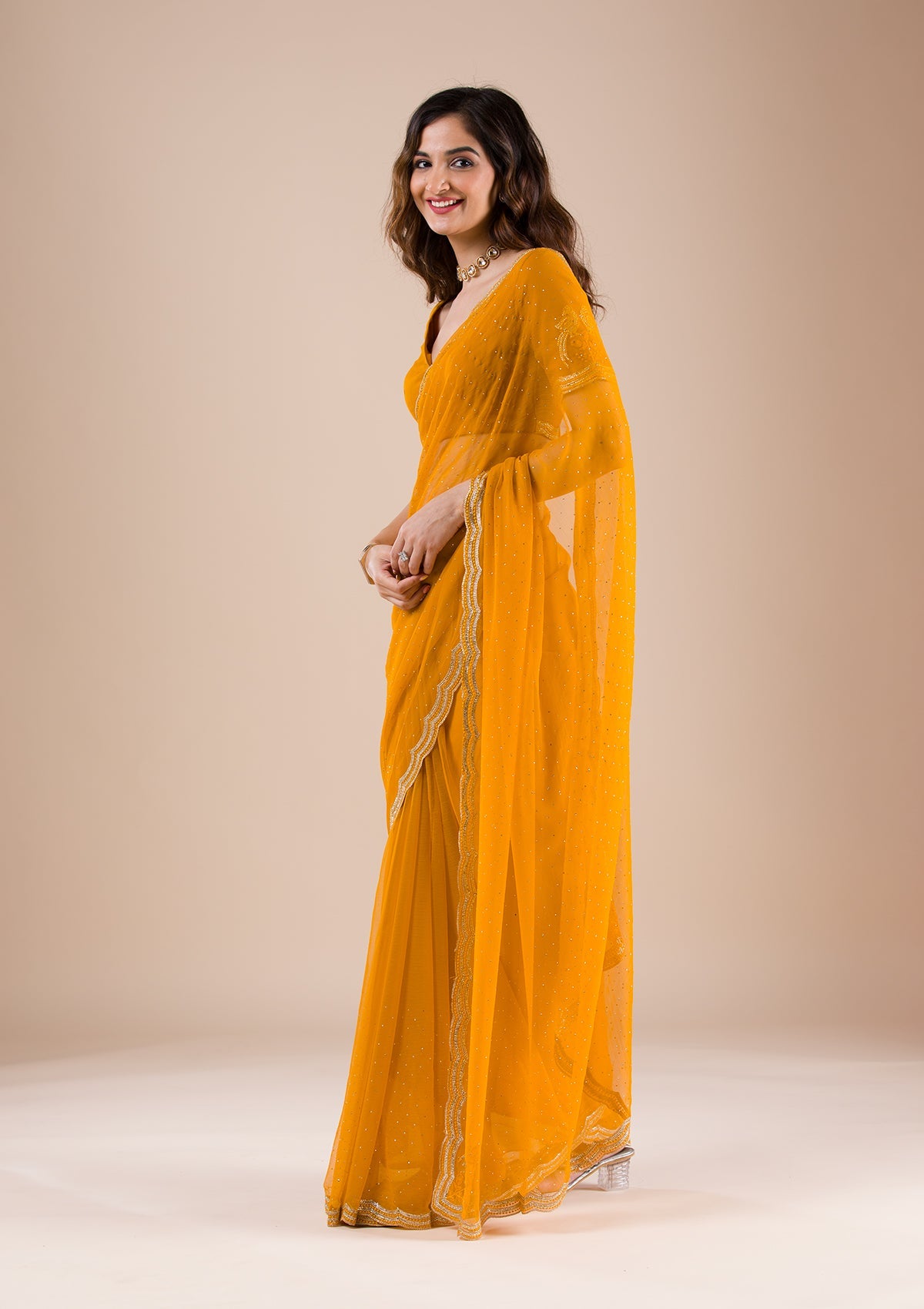 Mustard Stonework Chiffon Saree