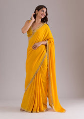 Mustard Stonework Semi Crepe Saree