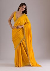 Mustard Stonework Semi Crepe Saree