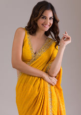 Mustard Stonework Semi Crepe Saree