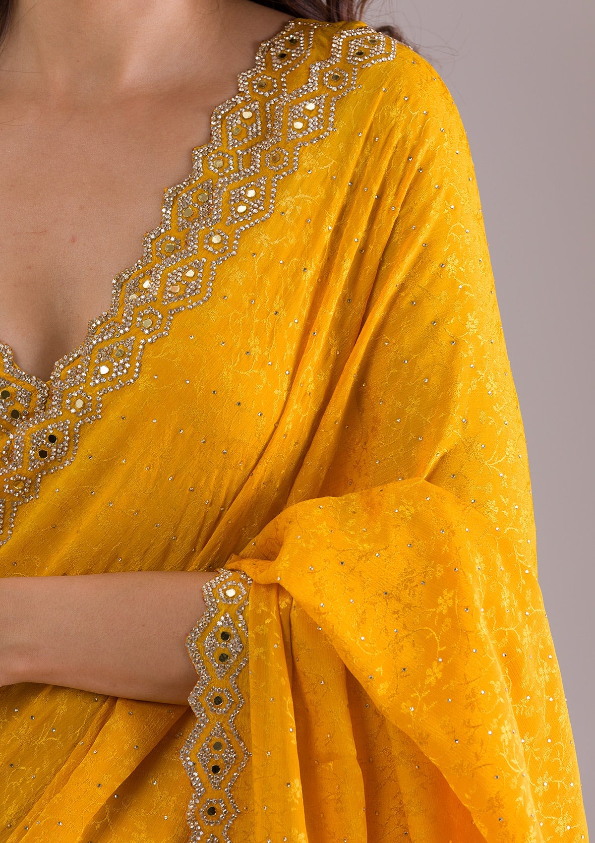 Mustard Stonework Semi Crepe Saree