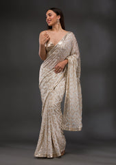 Off White Sequins Georgette Saree