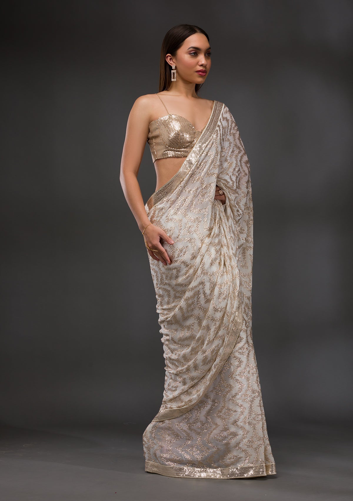 Off White Sequins Georgette Saree